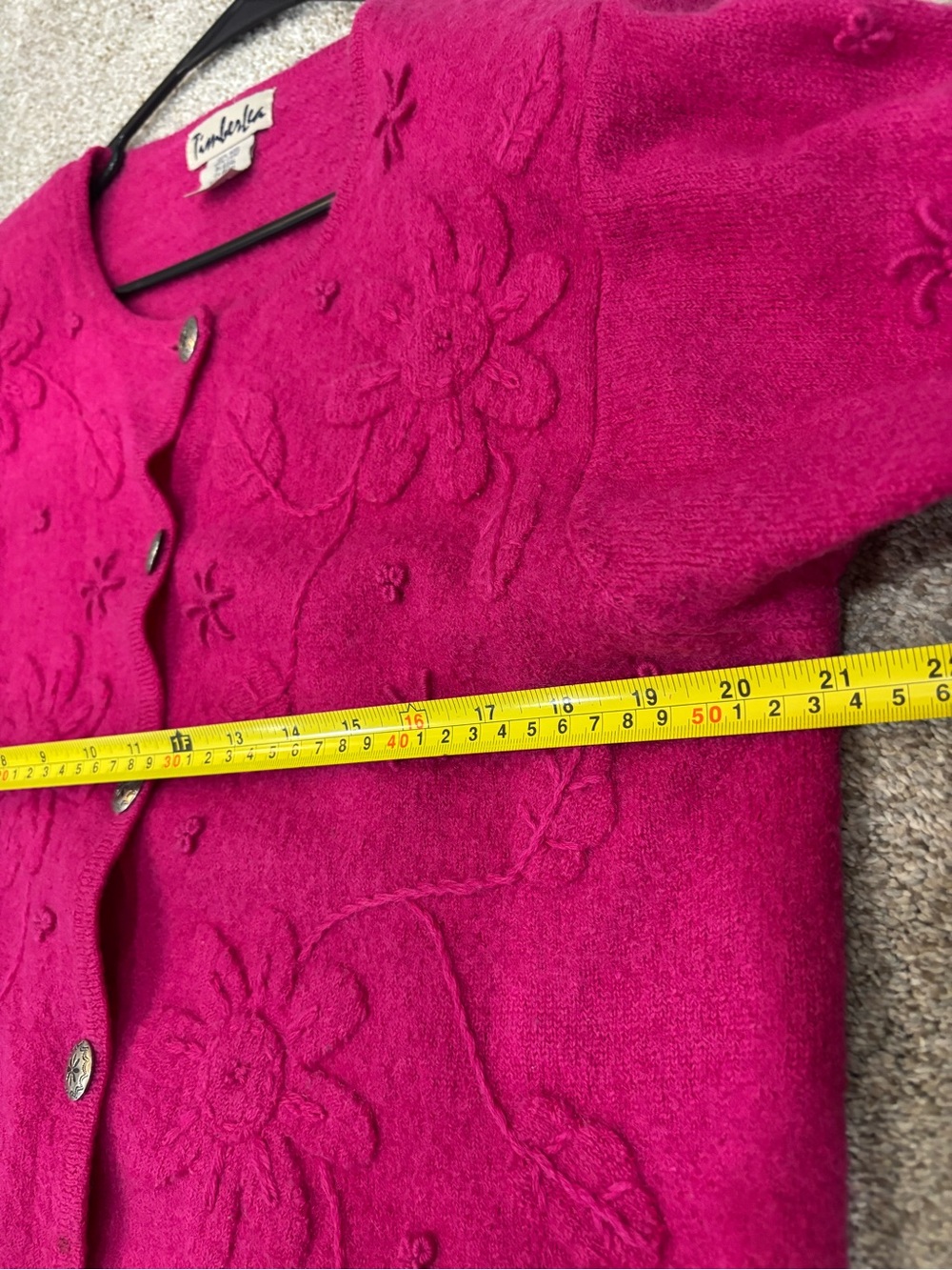 Timberlea Wool Bright Pink Embroidered Button Cardigan Sweater Large Vintage - Picture 3 of 10